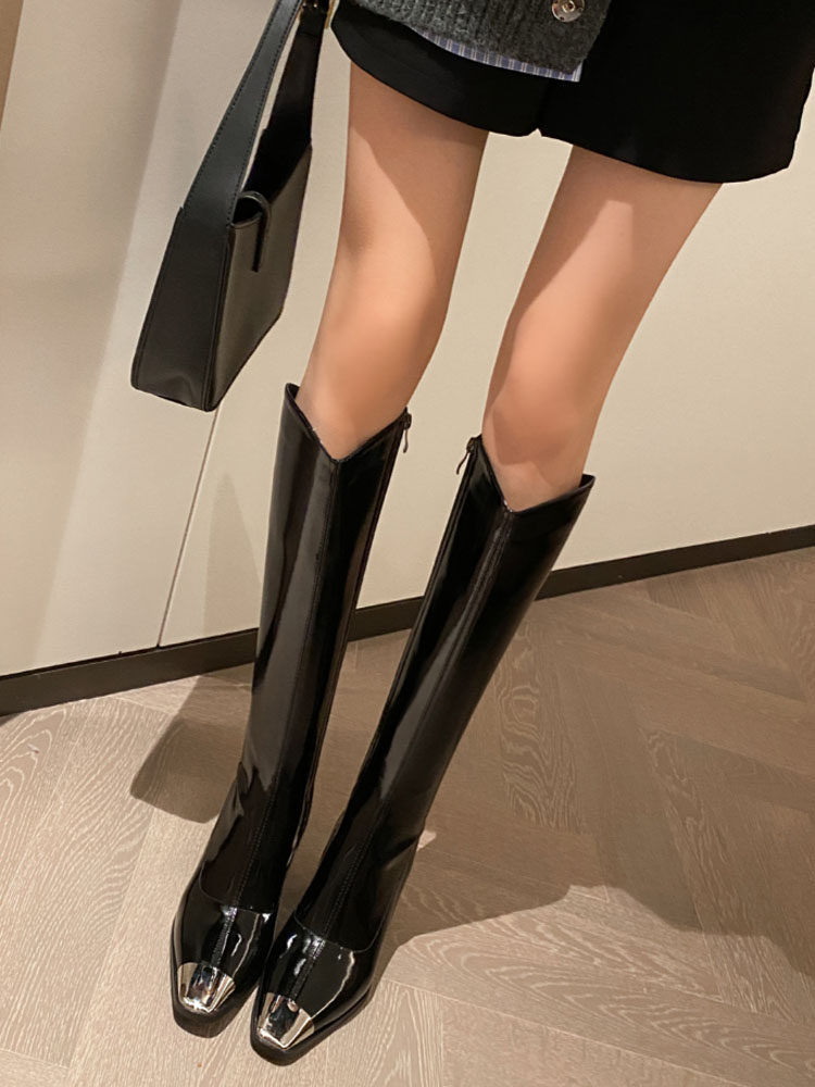 骑士靴粗跟高筒靴头层牛皮