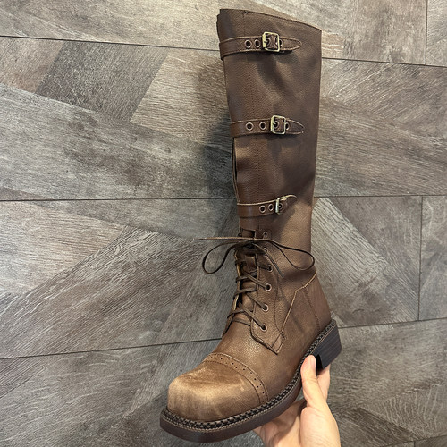 欧洲站战损复古真皮皮带扣骑士靴