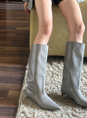 全牛皮秋冬尖头高级感大象灰小猫跟宽筒长靴长筒女肯豆气质高筒靴