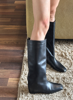 欧洲小个子胎牛皮高筒骑士靴女方头内增高6cm宽筒直筒长靴全真皮