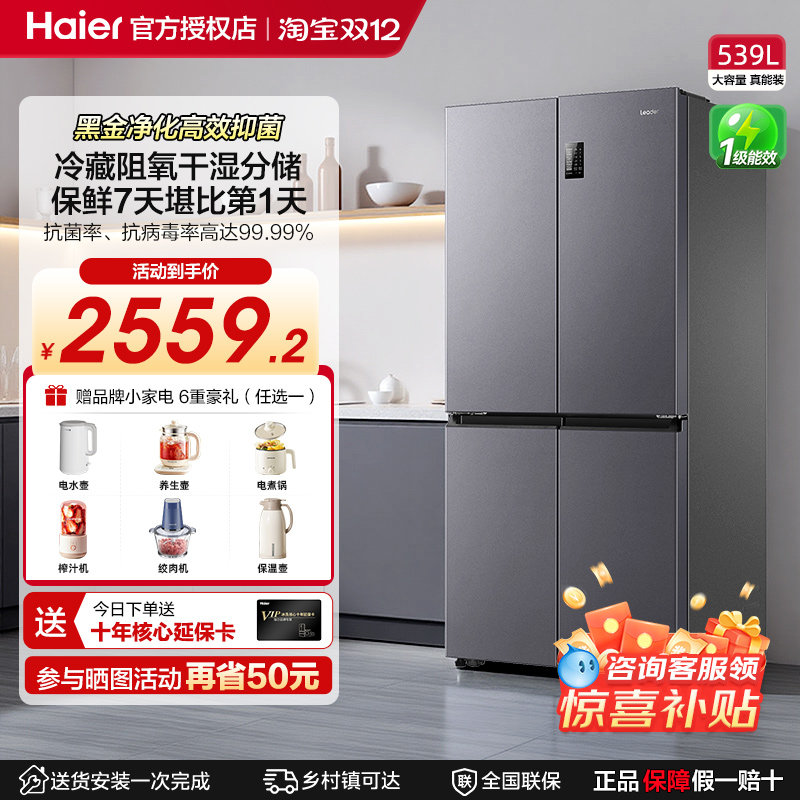 海尔智家Leader家用电冰箱539L超大容量十字门变频节能风冷无霜,大家电,厨房冰箱,淘宝优惠券,粉丝福利购,淘宝优惠卷
