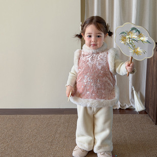 韩版童装女童套装国风加厚新中式儿童衣服马甲休闲裤婴儿女宝年服