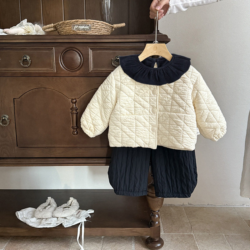 韩版童装 冬新款女宝宝夹棉圆领小外套 荷叶领打底衫 长裤3件套装