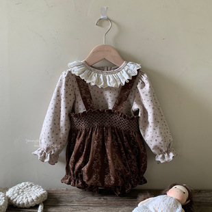 女宝宝打揽棕色短裤 韩版 婴幼儿童复古碎花背带包屁裤 秋款 童装