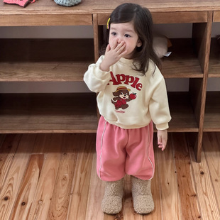 韩版童装 冬季新款 女童加绒加厚圆领卫衣裤子2件 休闲百搭套装
