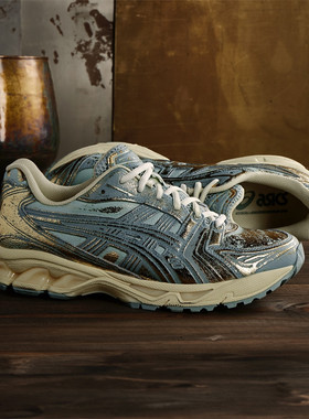 代购ASICS GEL-KAYANO 14亚瑟士复古做旧蓝金皮面男女跑鞋24新款