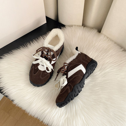 增高7厘米羊羔毛德训鞋女小码313233内增高双鞋带加绒休闲运动鞋