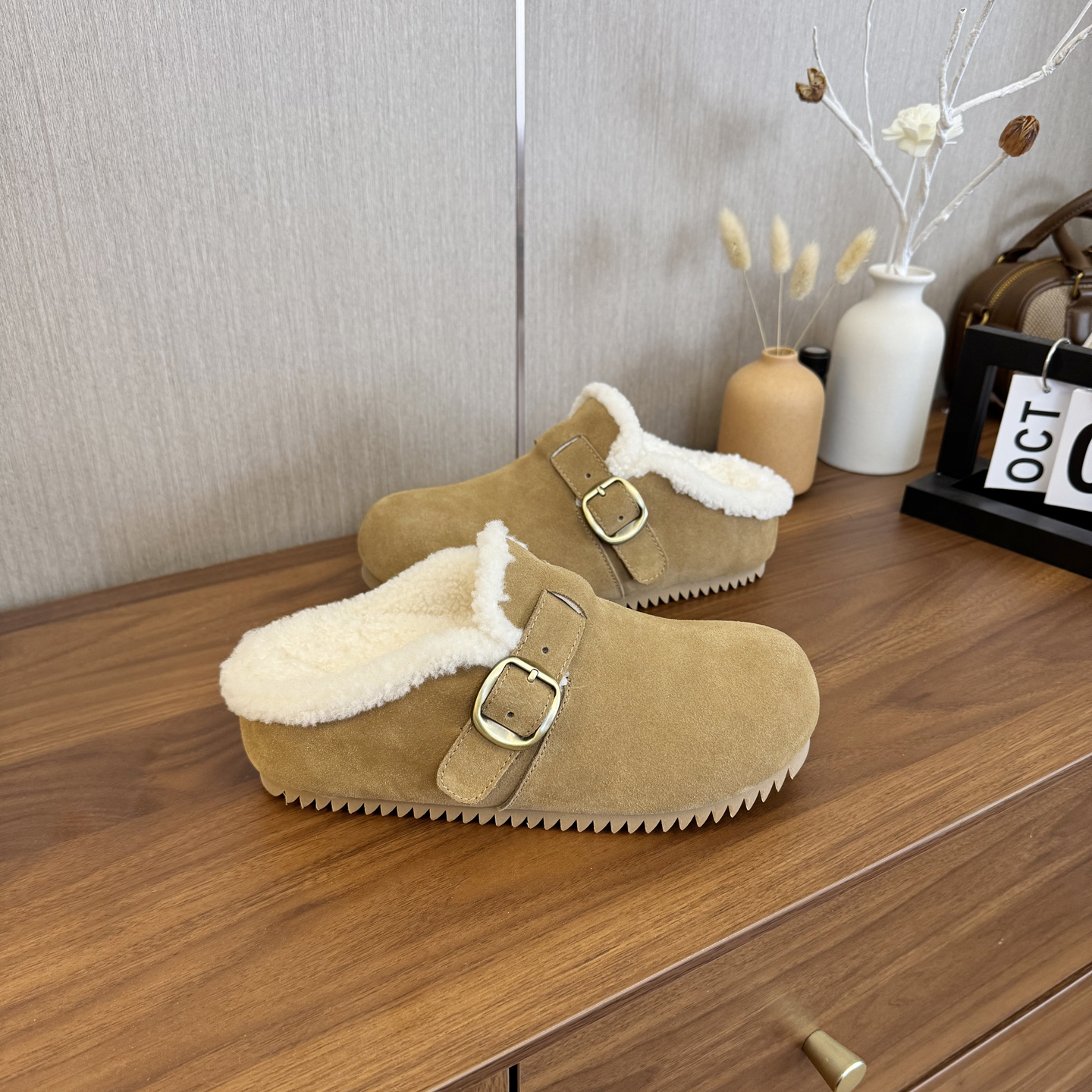 厚底外穿加绒真毛博肯拖鞋女小码313233增高5.5cm复古包头毛毛拖