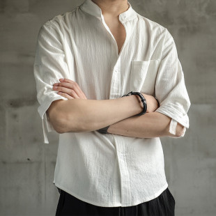 衬衫 半袖 男士 上衣纯色宽松衬衣短袖 亚麻绿色 立领棉麻休闲薄款 夏季