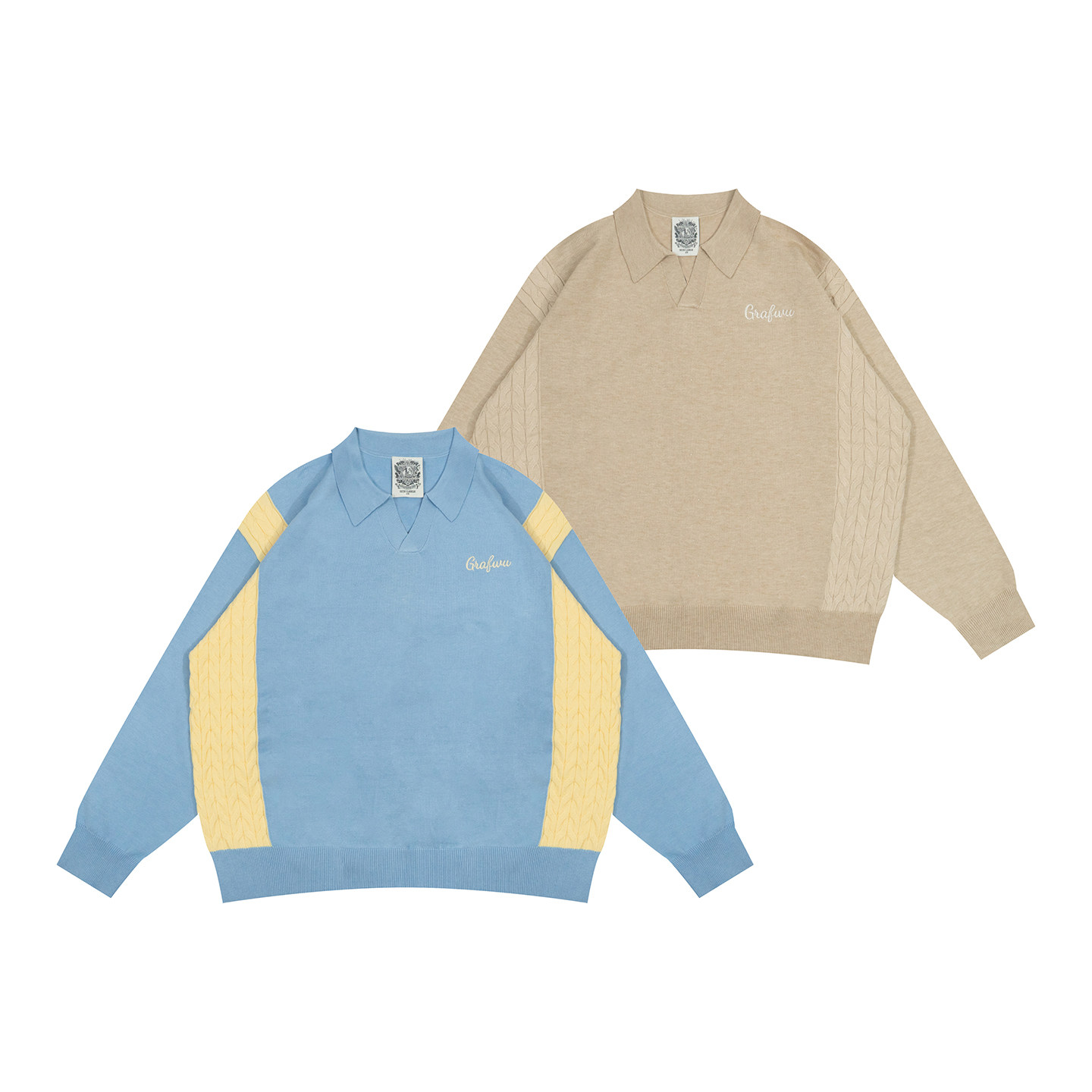 GRAF原创品牌【春季针织】街头美式翻领麻花质感拼接宽松复古毛衣