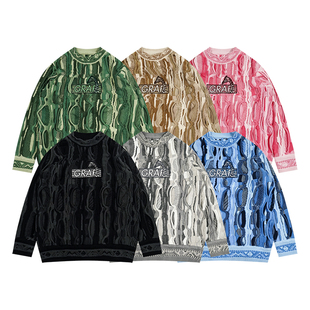 GRAF原创品牌重工复古波浪立体花纹街头美式 针织艺术针织线衣毛衣