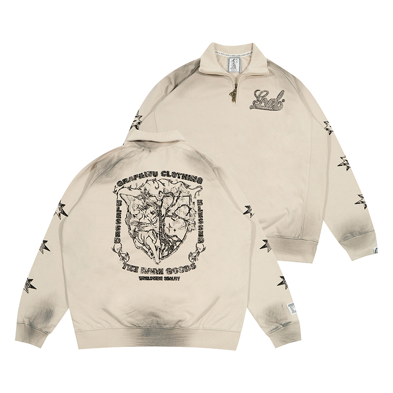 手绘卫衣做旧翻领卫衣