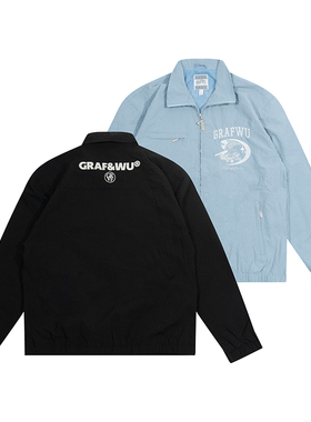 GRAF原创品牌刺绣天使运动DRILL风格街头拉链小格纹休闲夹克外套