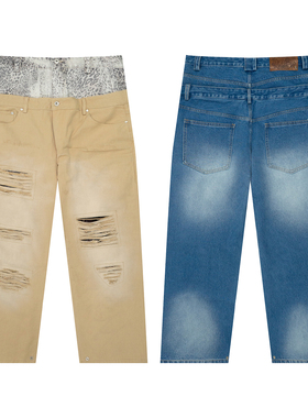 GRAF原创品牌【TheSample】基础采样系列双腰豹纹卡其水洗牛仔裤