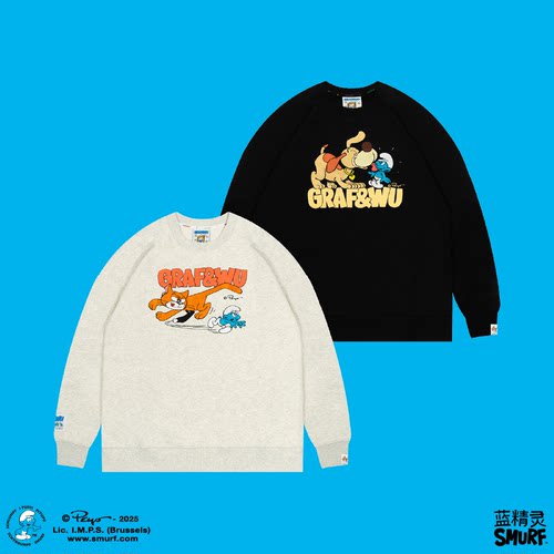 GRAF X SMURF【蓝精灵联名】猫咪和狗狗追逐毛线刺绣圆领绒卫衣