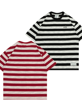 GRAF原创品牌【夏日条纹】花灰色长颈鹿金属标美式字母刺绣短袖T