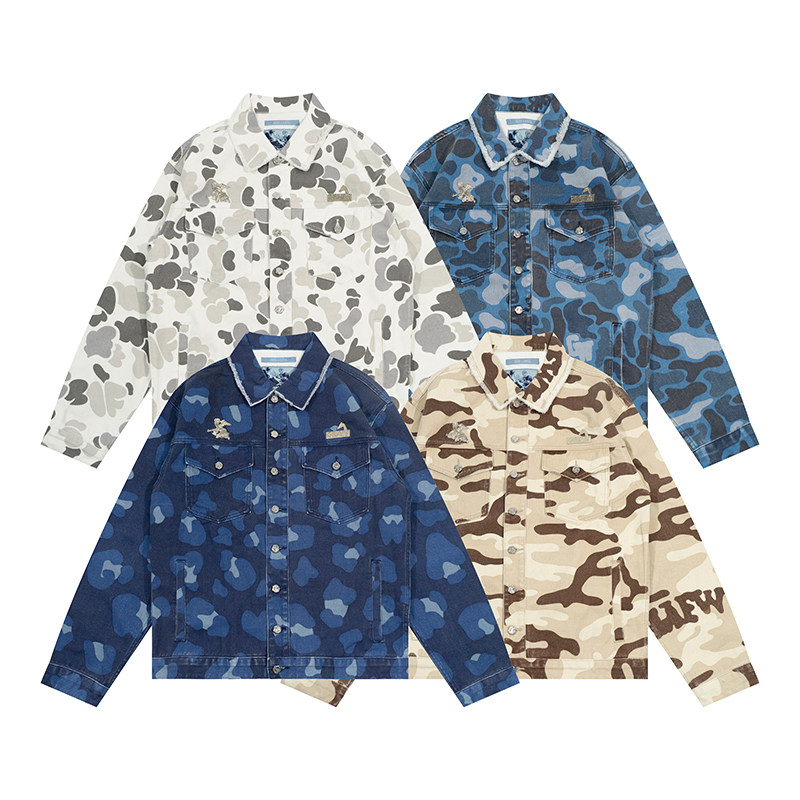 字母刺绣牛仔水洗帆布迷彩夹克