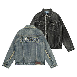 GRAF原创品牌【做旧水洗】五金细节宽短款外套街头美式牛仔夹克
