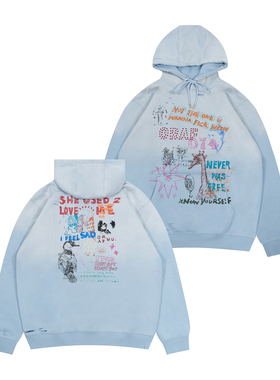 GRAF原创品牌【TheRemix】面料混音系列涂鸦彩铅红钻珍珠褪色帽衫