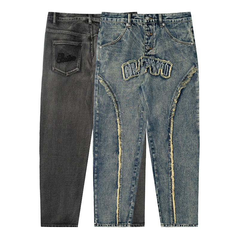 毛边宽松牛仔裤水洗做旧牛仔裤