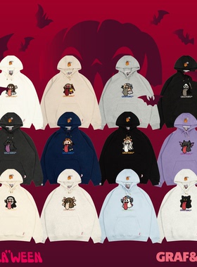 GRAF原创品牌【万圣狂欢】黑猫哥斯拉独角兽可爱鬼毛巾绣绒帽衫