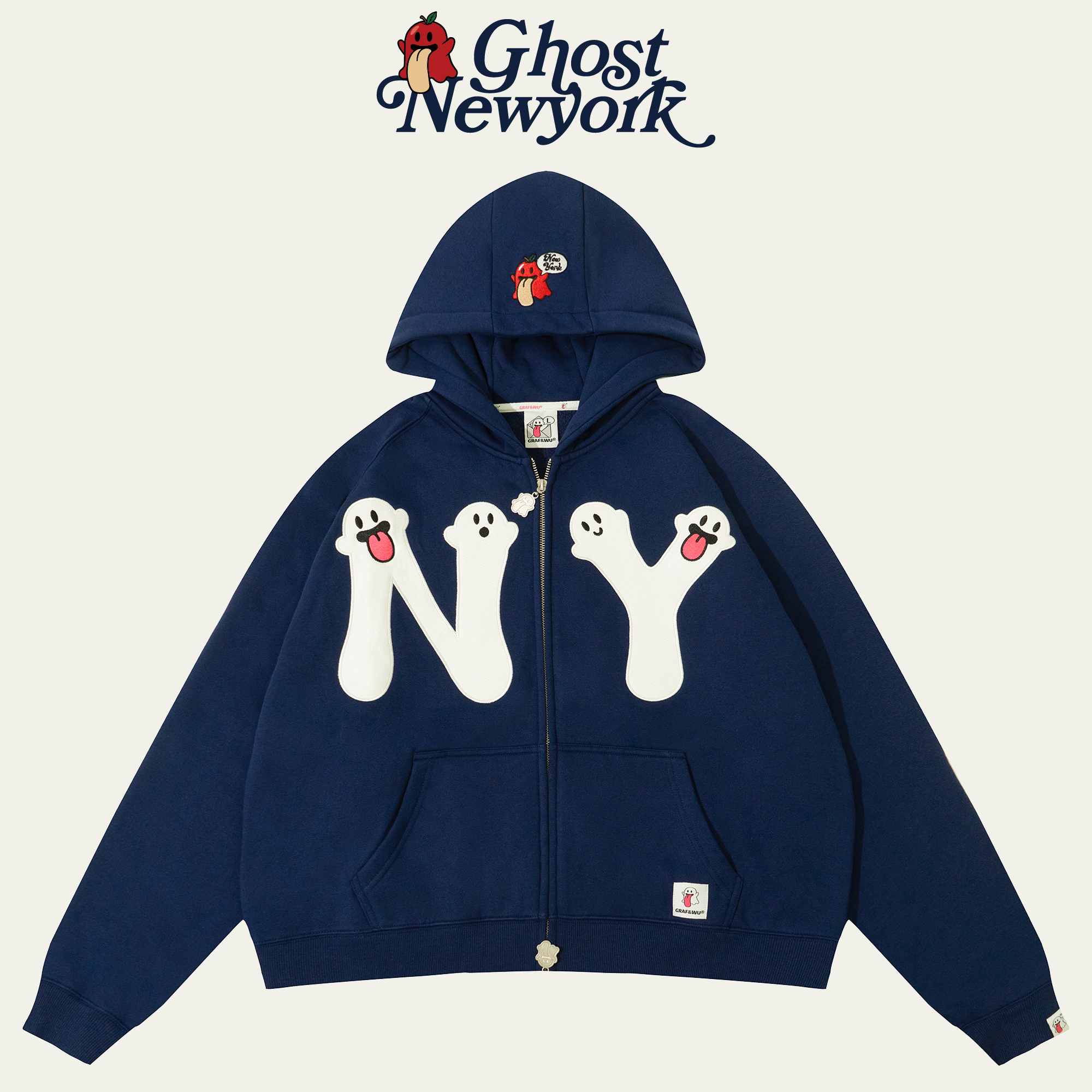 GRAF原创品牌纽约NY可爱鬼美式秋冬藏蓝刺绣情侣连帽拉链开衫卫衣