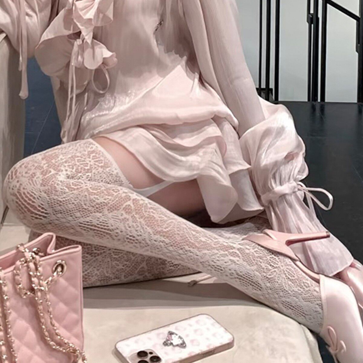纯欲蕾丝提花网袜奶白夏季薄款日系甜美吊带袜百搭芭蕾风渔网袜女