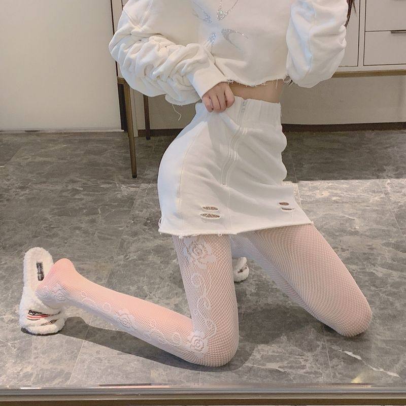 网红性感纯欲风镂空连裤黑白色侧边玫瑰渔网丝袜女春秋季薄款ins
