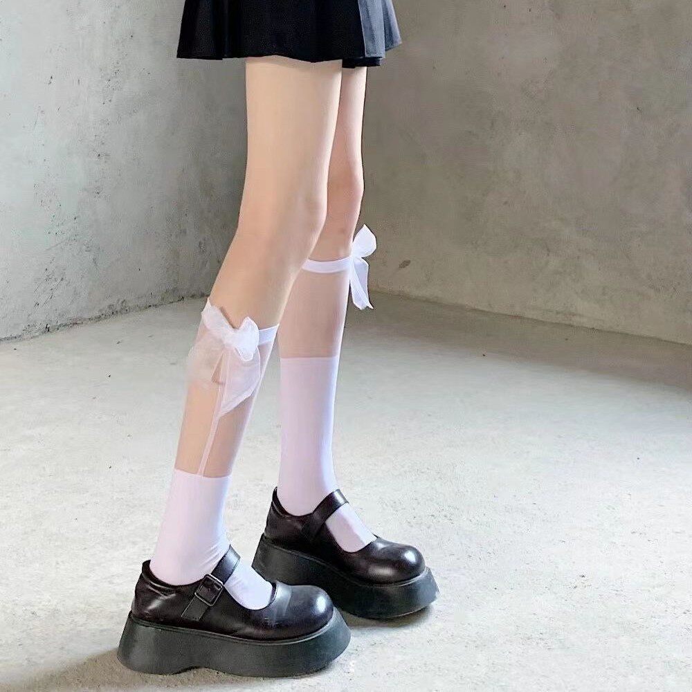 洛丽塔奶白色拼接蝴蝶结袜子中筒袜女jk小腿袜薄款黑色蕾丝袜裸感