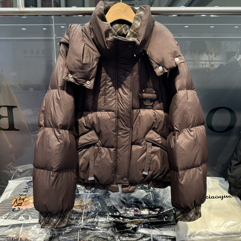 可脱卸连帽加厚保暖格子羽绒服