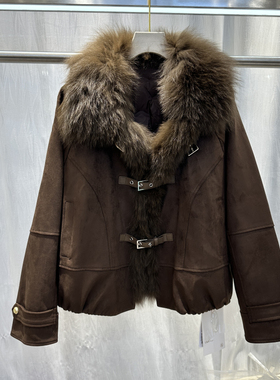 2025冬季新款狐狸毛领白鸭绒皮草外套宽松减龄麂皮绒短款上衣8878