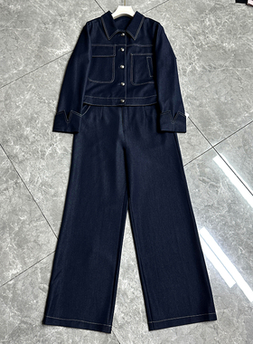 爱茜2025春季款牛仔套装宽松显瘦翻领外套上衣阔腿裤两件套63016