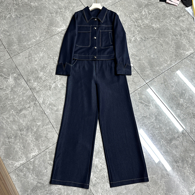 爱茜2025春季款牛仔套装宽松显瘦翻领外套上衣阔腿裤两件套63016