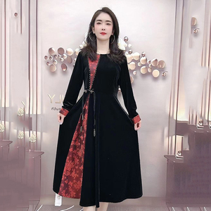 高端秋季金丝绒连衣裙圆领收腰气质过膝长裙女显瘦气质裙QY23D76