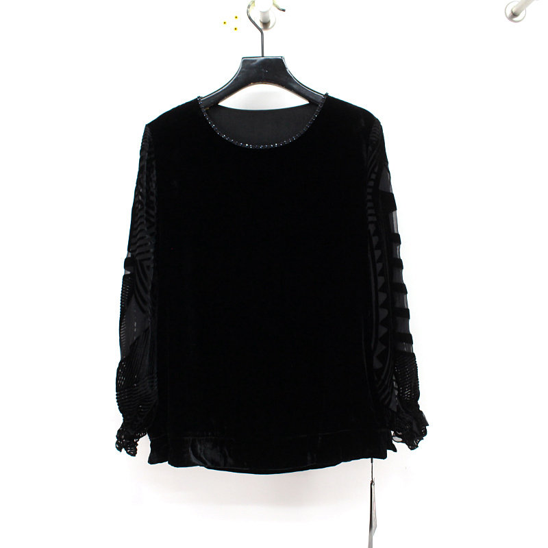 2023秋季款圆领钉珠时尚洋气妈妈装加肥加大桑蚕丝丝绒打底衫上衣