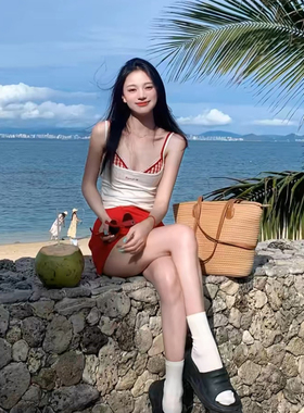 美式纯欲性感蕾丝分体红色格子吊带背心半裙比基尼辣妹度假泳衣女