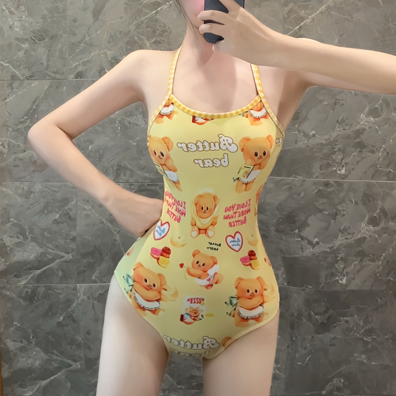 竞速泳衣女款卡通印花专业训练紧身连体三角游泳馆学生少女游泳装