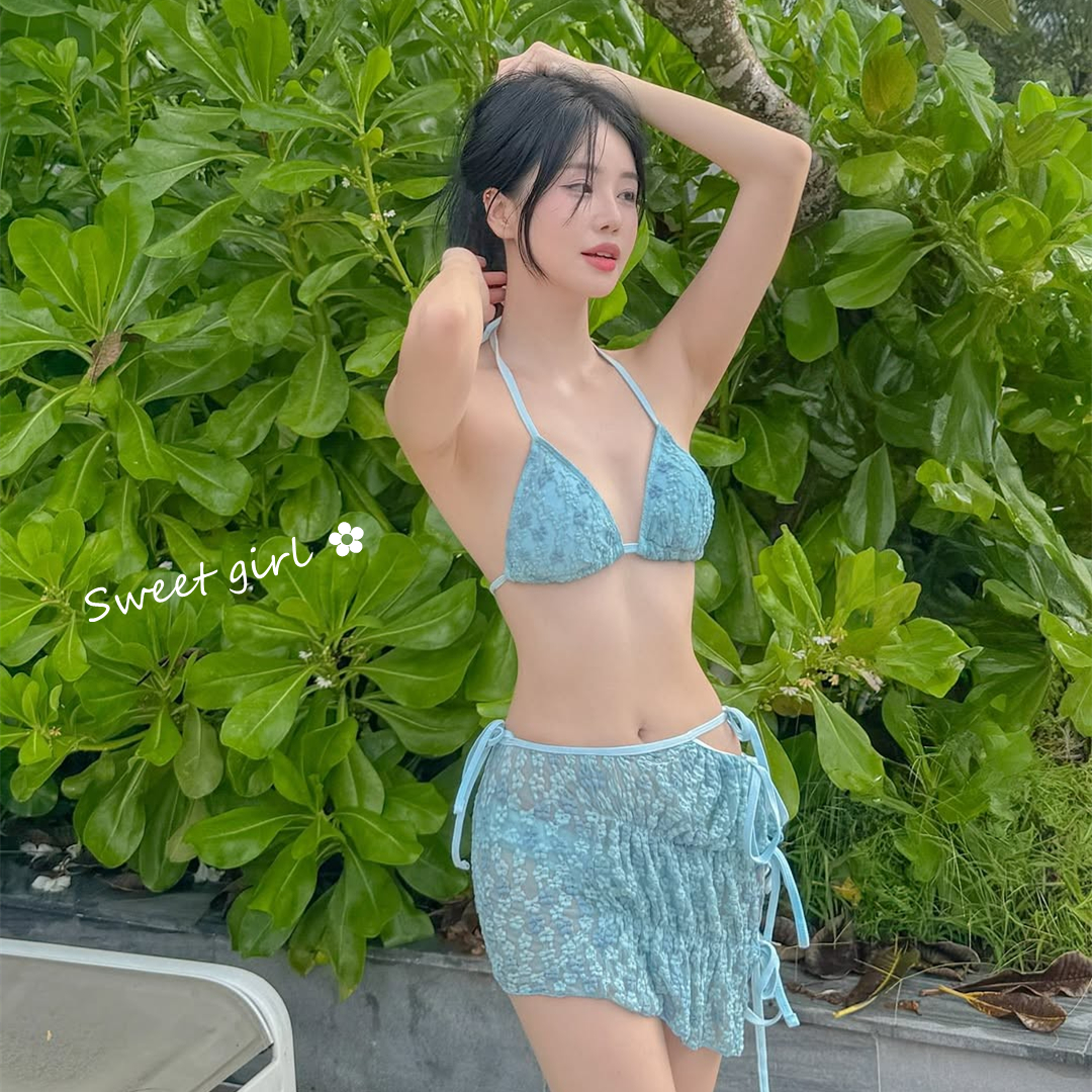 韩国性感纯欲风蕾丝比基尼小胸绑带分体罩衫三件套温泉度假泳衣女