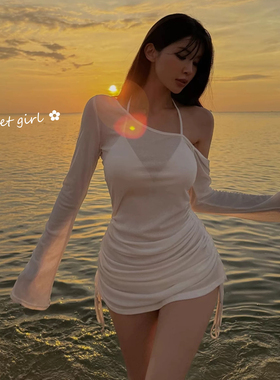 欧美性感辣妹纯欲风白色比基尼小胸分体长袖罩衫三件套度假泳衣女