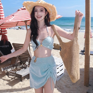 孔雪儿同款 性感纯欲风薄荷绿分体三件套比基尼小胸度假温泉泳衣女