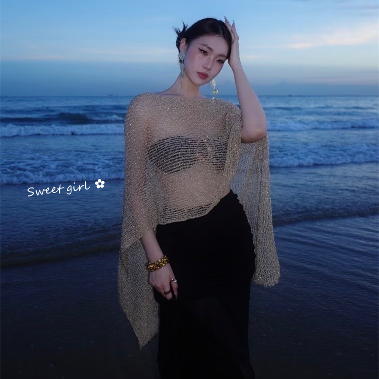 韩国性感辣妹黑色抹胸比基尼金色透视披肩四件套海边度假风泳衣女