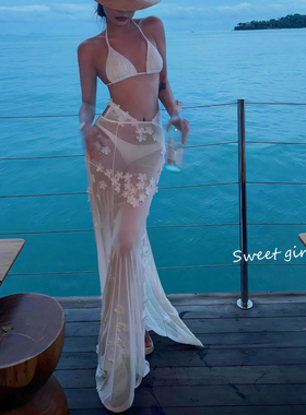 泰国明星MAI同款白色透视花朵长裙比基尼纯欲性感辣妹度假泳衣女