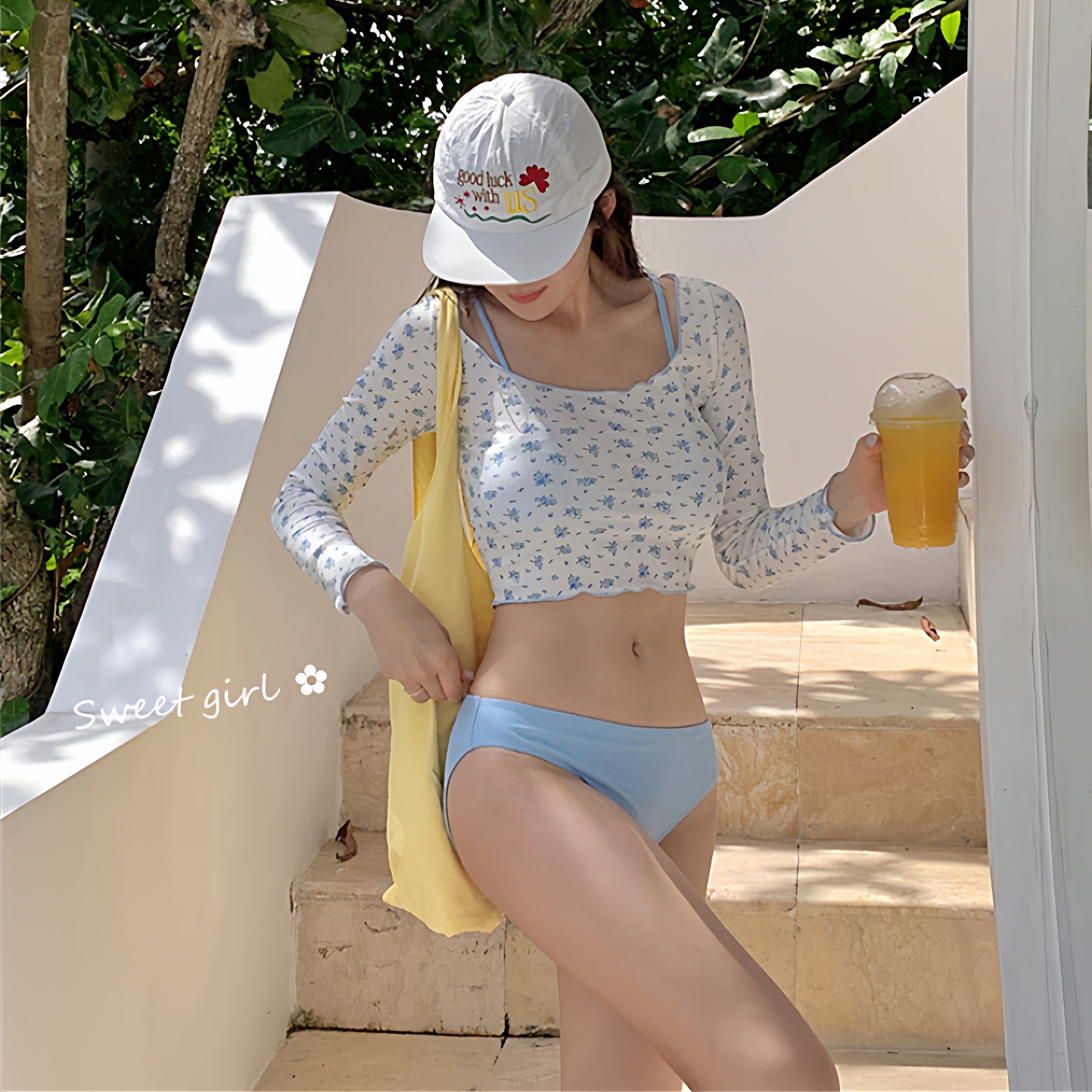 韩国性感纯欲风清新蓝色比基尼小胸碎花长袖罩衫分体三件套泳衣女