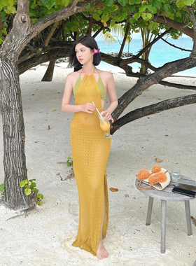 泰国性感纯欲姜黄色针织挂脖长裙绿色比基尼三件套小胸度假泳衣女
