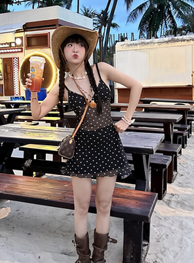 纯欲可爱少女辣妹黑色波点分体裙式 吊带V领网纱微透温泉度假泳衣