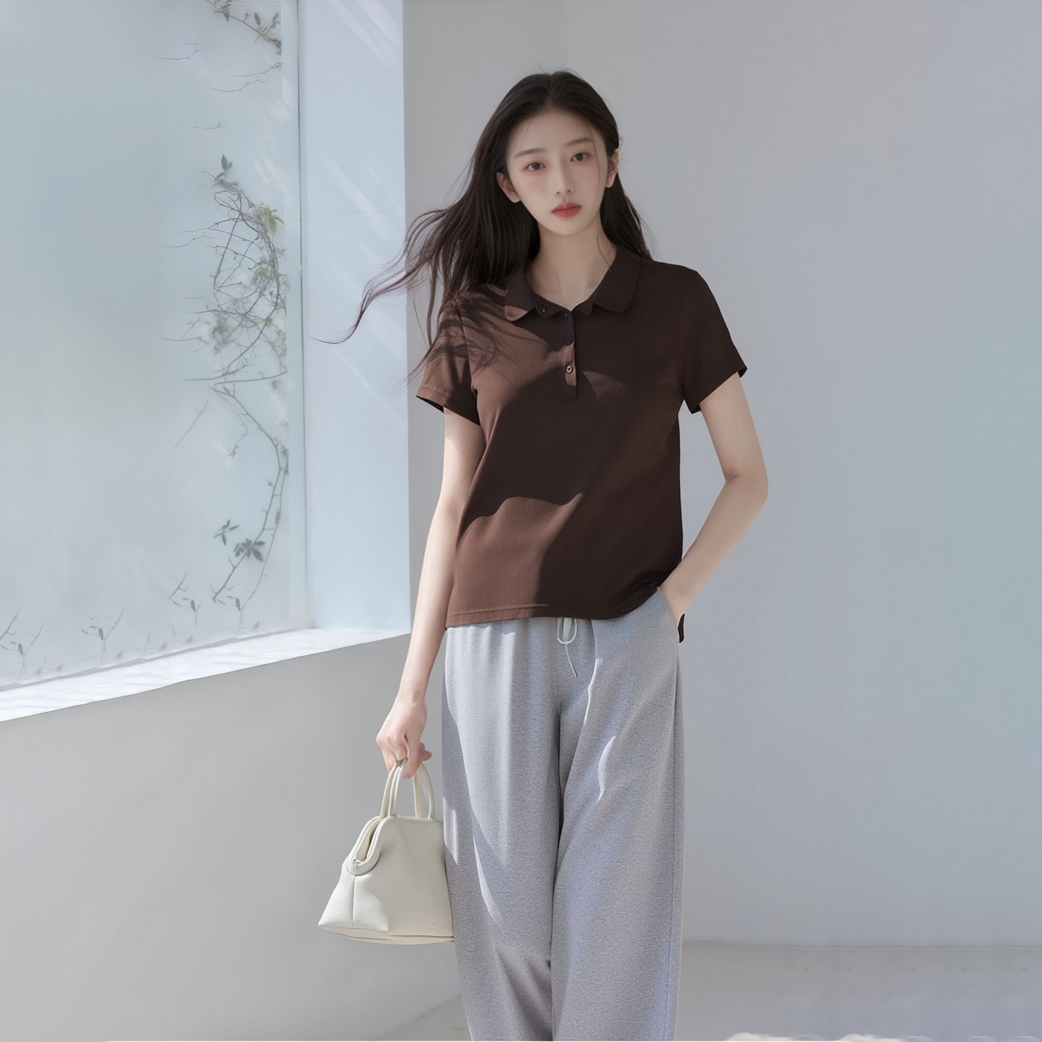 纯棉美式正肩POLO衫翻领短袖t恤女2025新款设计感小众百搭上衣女