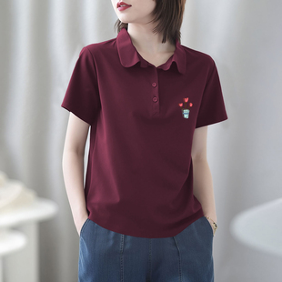 时尚 POLO翻领短袖 夏季 薄款 上衣 体恤衫 复古休闲宽松百搭印花妈妈装
