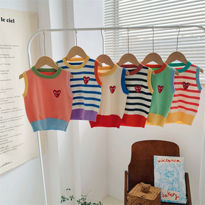 儿童条纹毛衣秋季背心马甲男女童彩色内搭宝宝套头婴儿坎肩针织衫