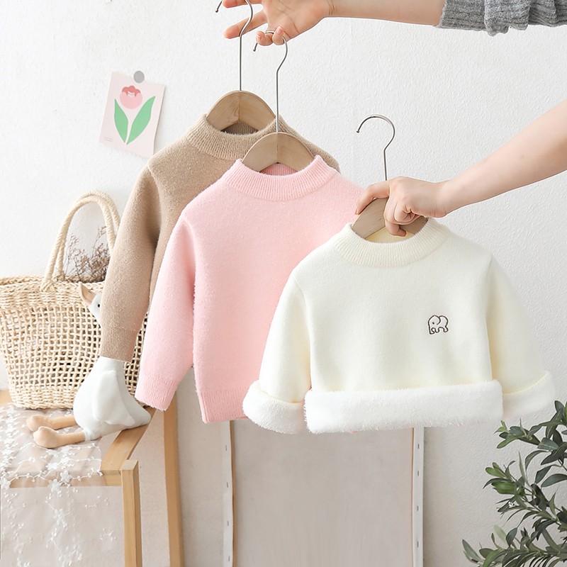 男女童一体绒白色打底衫内搭毛衣