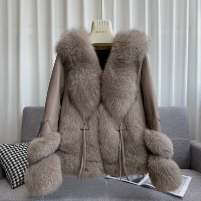 2024秋冬狐狸毛皮草女短款海宁真毛真皮绵羊皮鹅绒毛领外套大衣